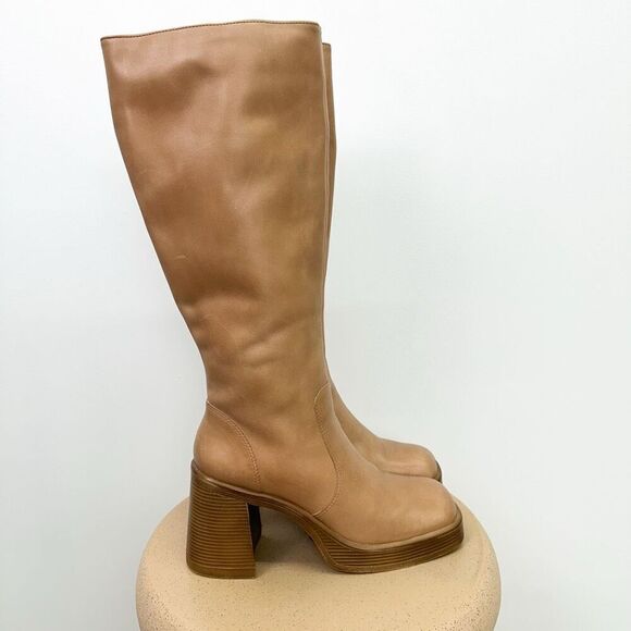 Steve Madden Fanatik Women’s Tan Leather Chunky Stacked Block Heel Below the Kne - Picture 2 of 14